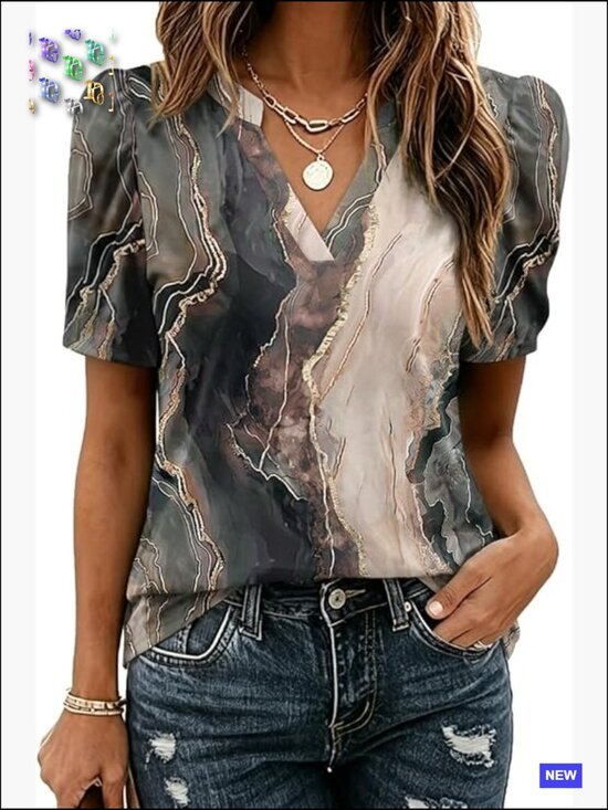 Tops - Puff Sleeve V Neck Blouse Short Sleeve Dressy Casual Spring Top Floral Boho